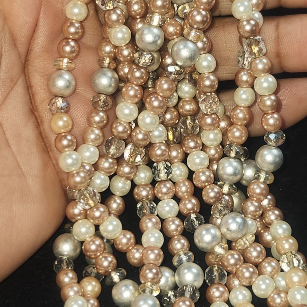 Multi Strand Beaded Crystal Statement Necklace Pink Cream Champagne 22 In